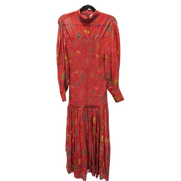 Farm Rio Red Mystic Starburst Maxi Dress XS Long Sleeve Smocked Boho Festival - Picture 4 of 16